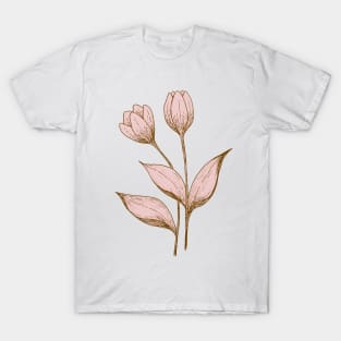 Tulip flower botanical line drawing in pastel pink T-Shirt